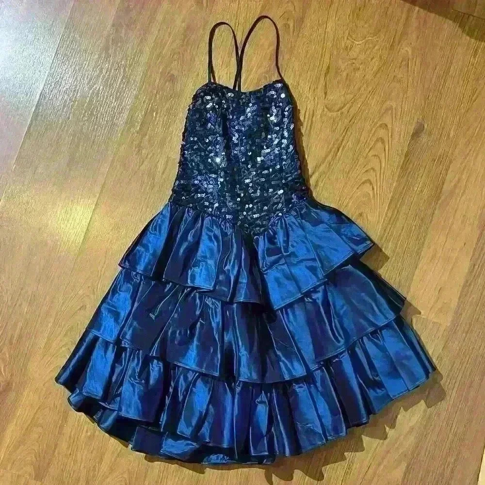 Vintage Flirtations 80s Alfred Angelo Sequin Blue Ruffle Taffeta Dress Girls 3/4